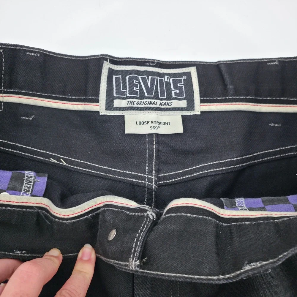 Levis 569 Loose Straight Jeans Mens 40x32 Black Purple Embroidered Denim Pants